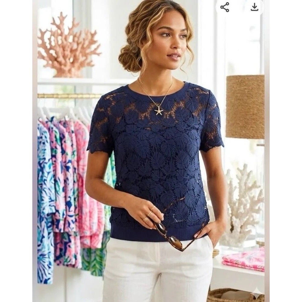 Lilly Pulitzer Kay Popover Palm Knit Lace Top Navy Blue Short Sleeve XS